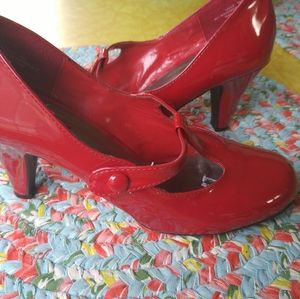 Red patent t-strap heels
